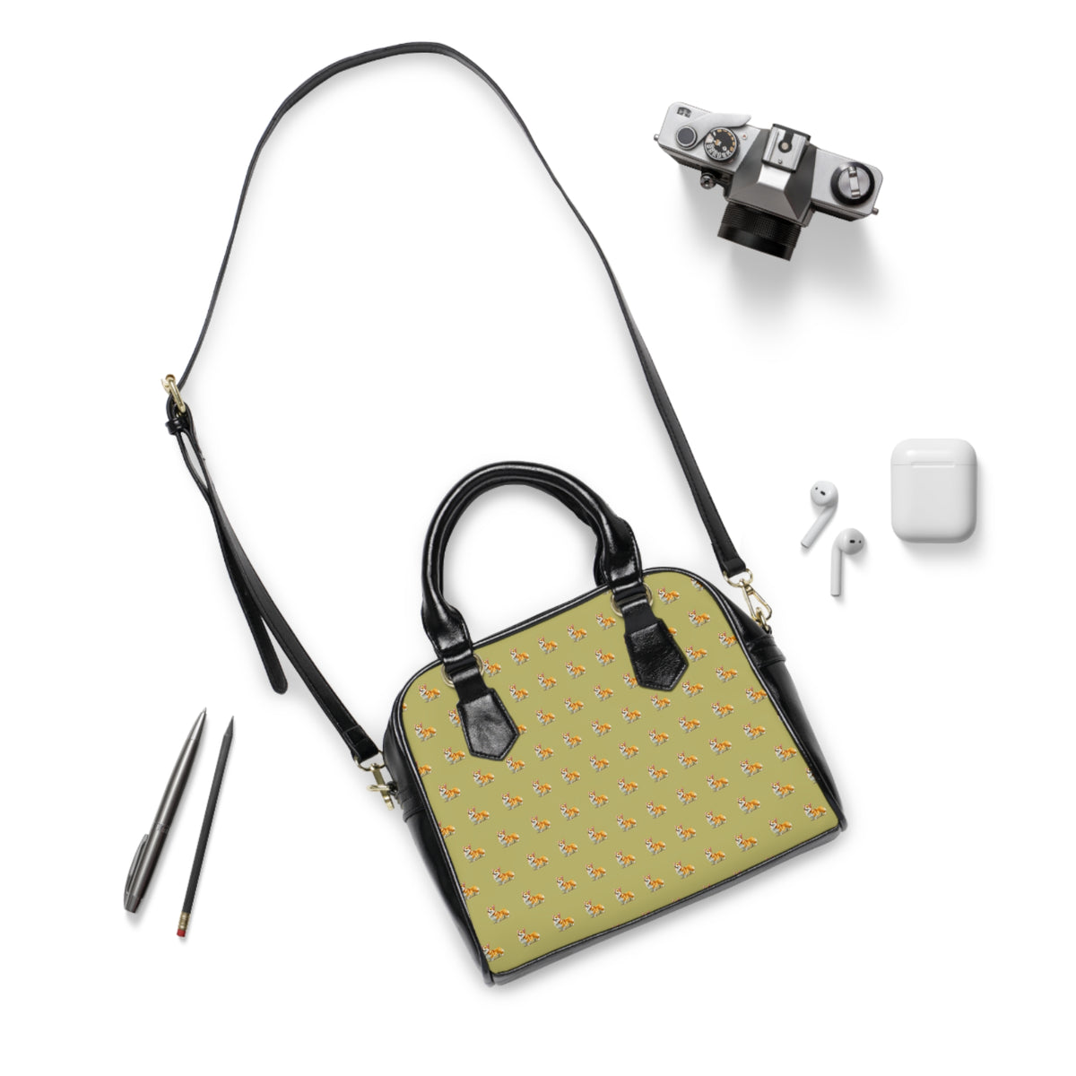 The Queen's Corgi Companion Repeater Pattern Khaki & Black Shoulder Handbag