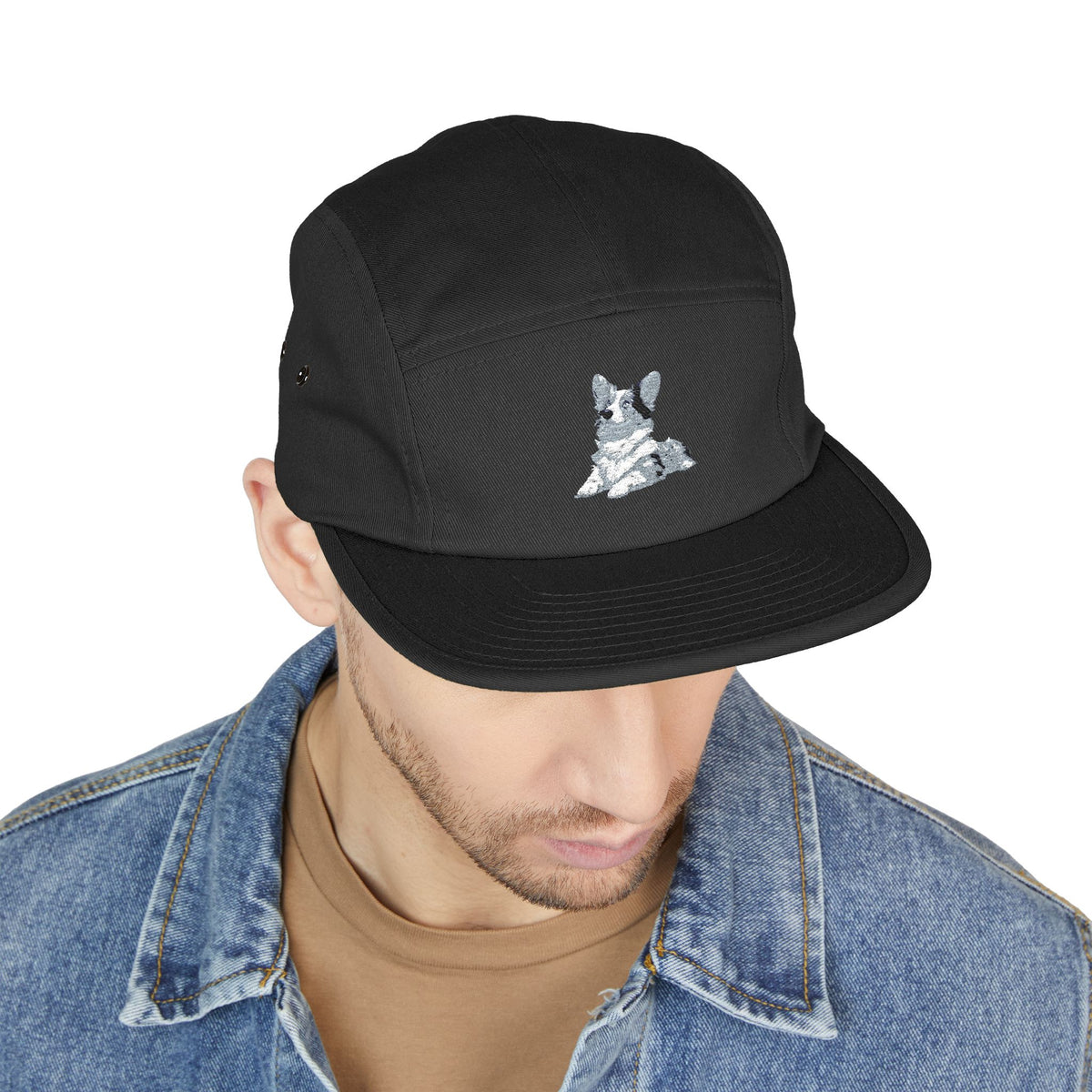 Blue Merle Majesty 5-Panel Embroidered Camp Cap — Designer Corgi Headwear in Monarch Navy or Phantom Black