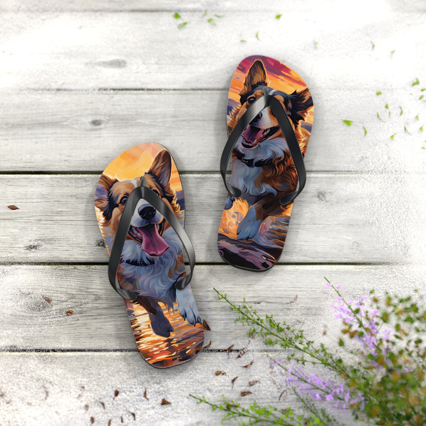 Corgi Beach Buds Sunset Unisex Flip Flops – Sandals with Corgi Best Friends Running in the Surf