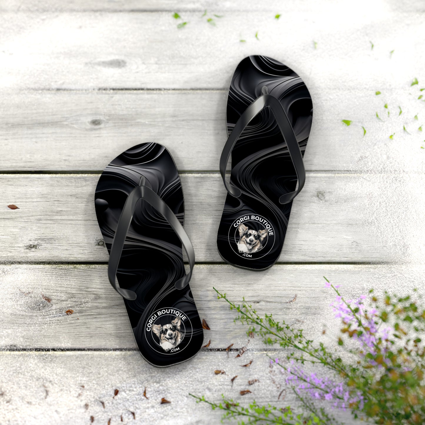 Corgi Boutique Black Swirl Flip Flops with our Custom Logo — Stylish Beach & Pool Sandals