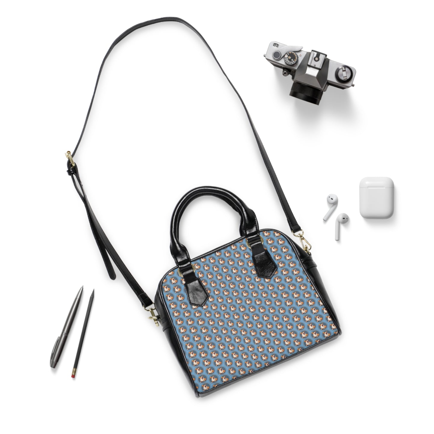 Comical Corgi All Smiles Dot Pattern Blue & Black Shoulder Handbag