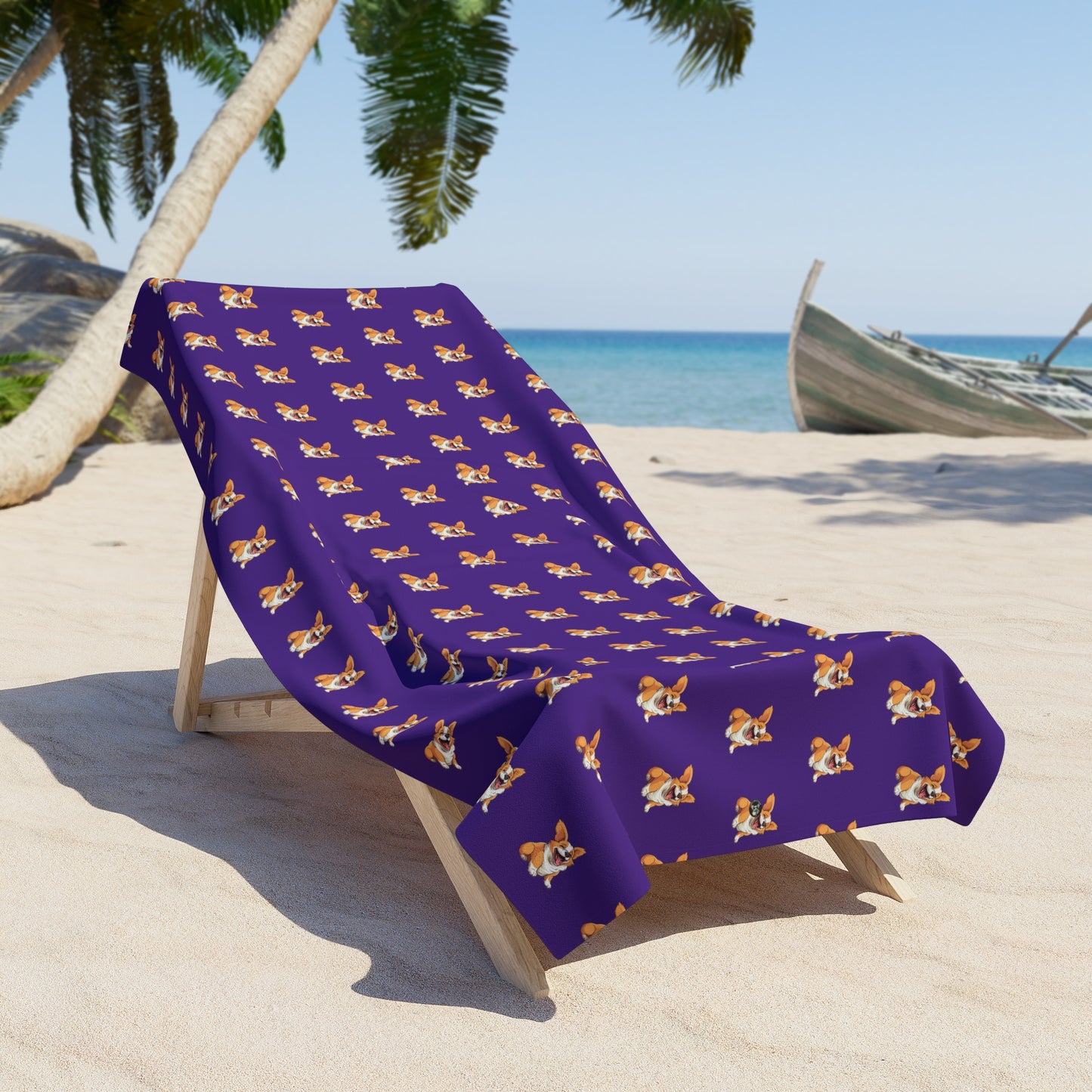 Jolly Jiggling Animated Corgi - Purple Beach Towel