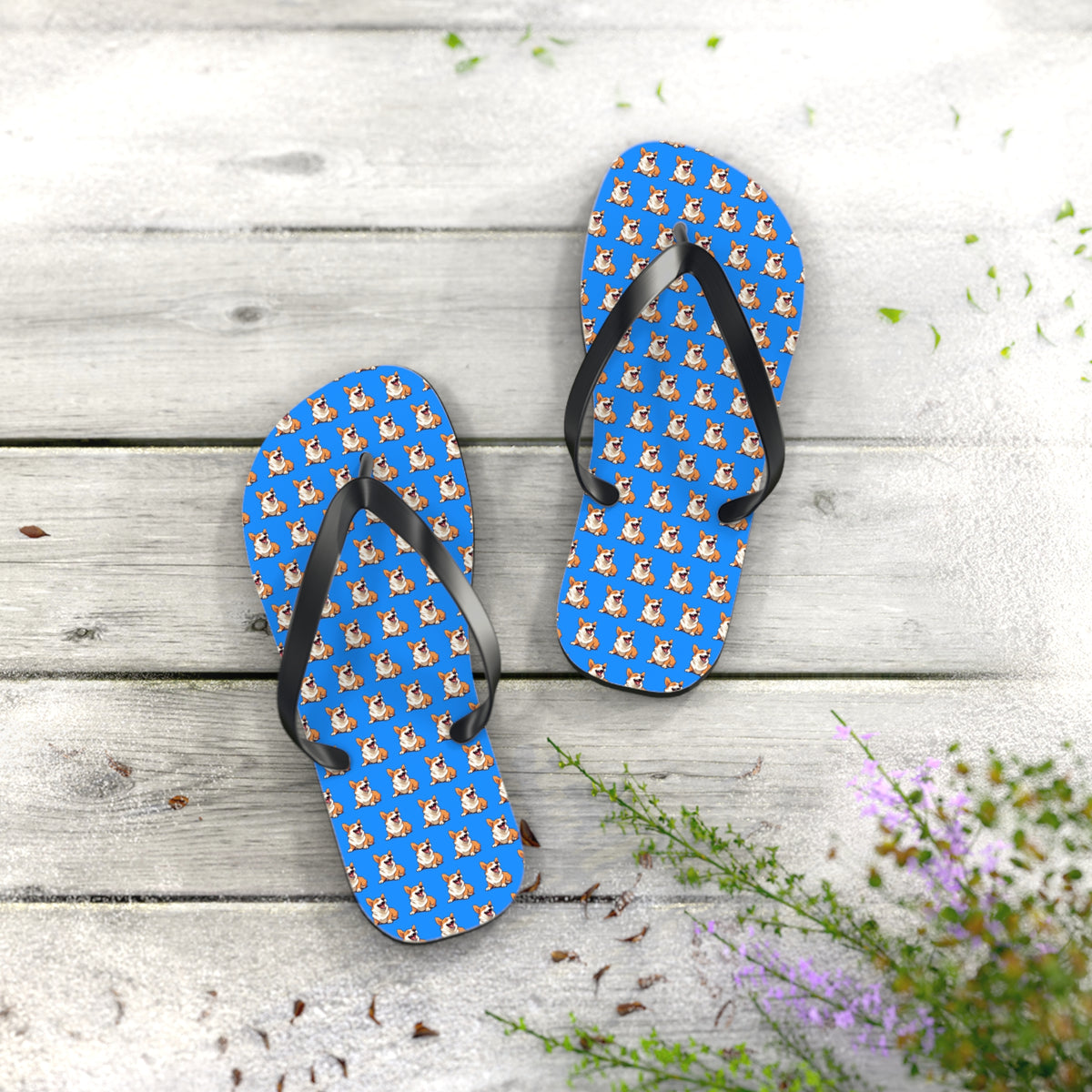 Comical Corgi All Smiles Repeater Pattern Artistic Unisex Flip Flops — Cute & Funny Corgi Themed Blue Sandals