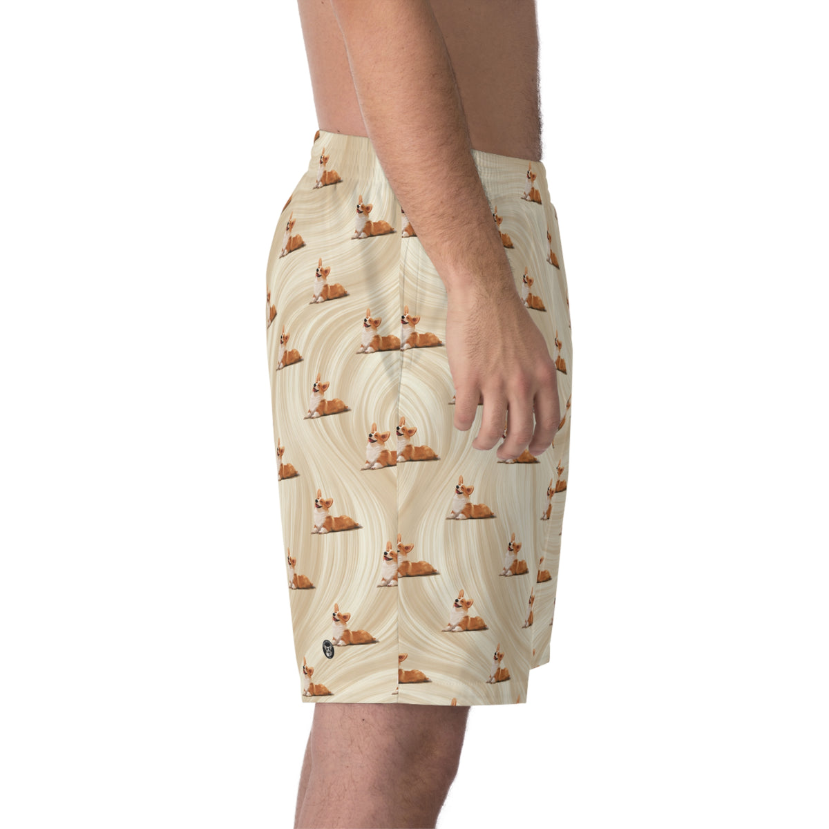 Giddy Sploot Board Shorts - Rich Creamy Champagne Corgi Theme Swimsuit