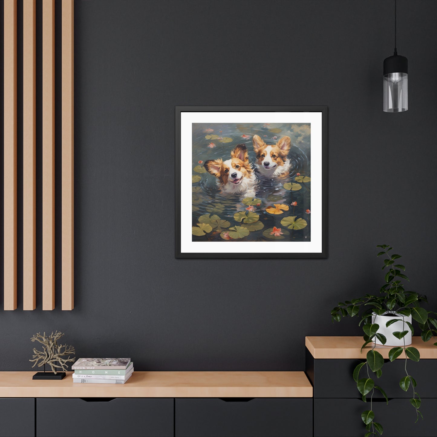 Estampe encadrée de chiots de l'étang
