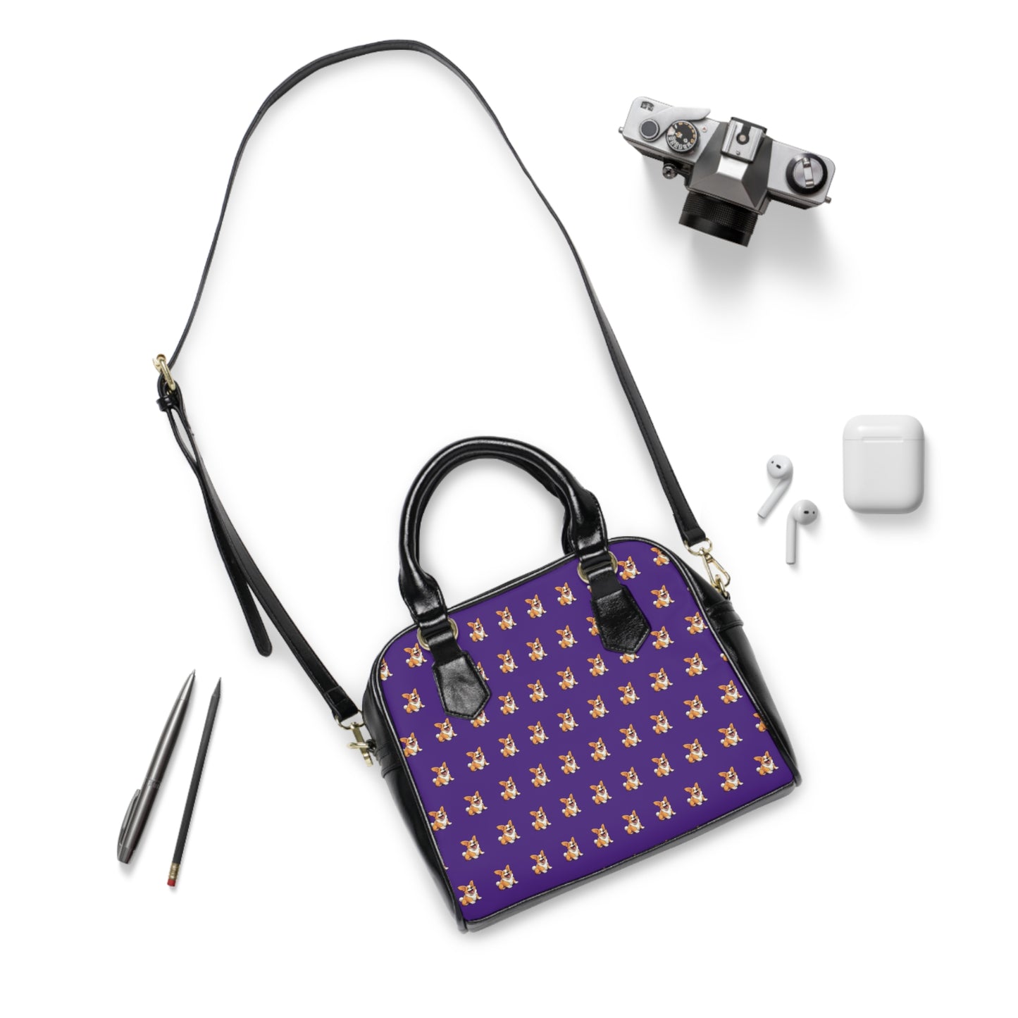 Jolly Jiggling Corgi Illustrated Mosaic Pattern Purple & Black Shoulder Handbag