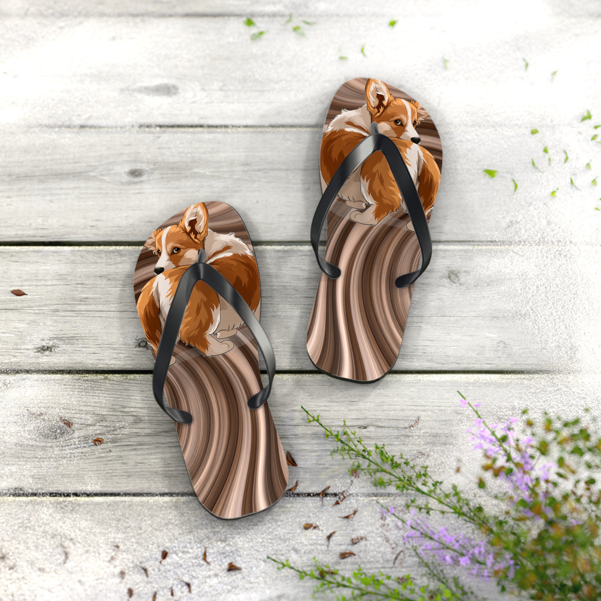 Butt What? Talk To The Butt Contemptuous Corgi Unisex Flip Flops – Comical Swirling Brown Corgi Beach Sandals