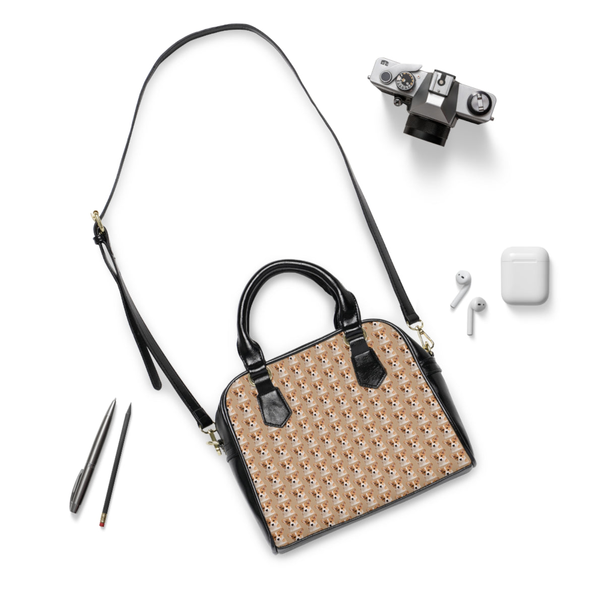 Delightfully Precious Corgi Puppy Face - Repeater Pattern Tan & Black Shoulder Handbag