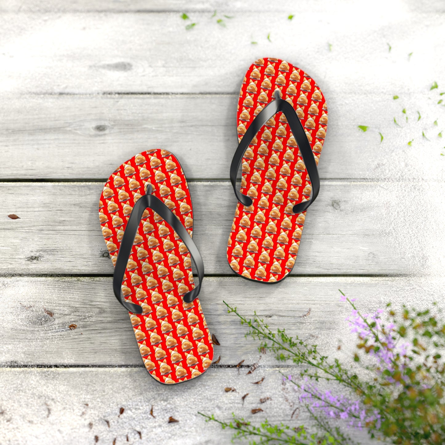 Booty Call Corgi Custom Mosaic Pattern Red Unisex Flip Flops — Fun Corgi Sandals for Everyone