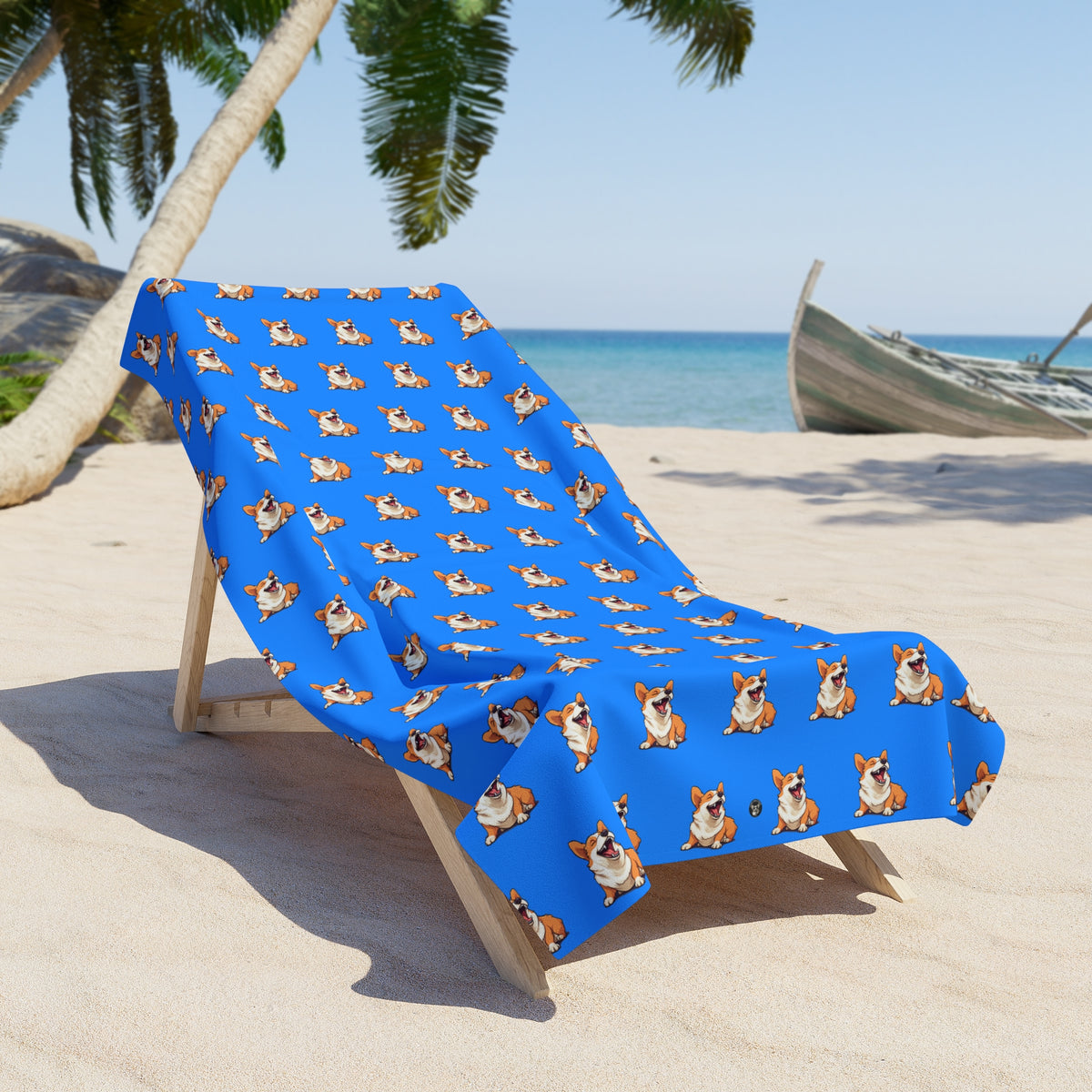 Comical Corgi All Smiles Repeater Pattern Beach Towel - Blue Corgi Pool Wrap