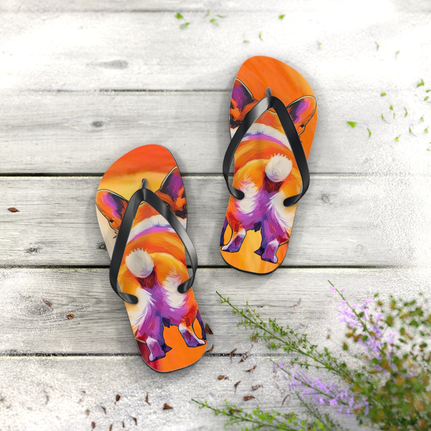 Corgi Butt Custom Artistic Unisex Flip Flops – Colorful and Comical Corgi Beach Sandals