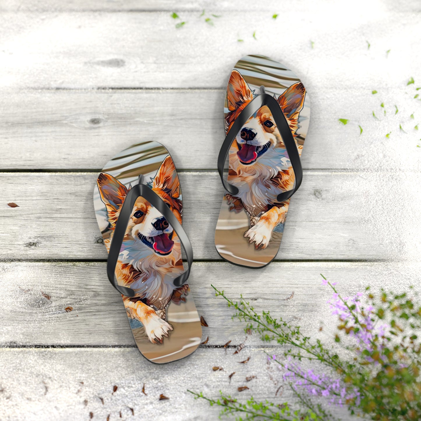 Coastal Corgi Custom Artistic Unisex Flip Flops – Cool Dog Beach Theme Sandals