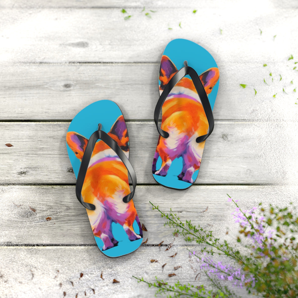 Corgi Butt Artistic Portrait Unisex Flip Flops – Blue Corgi Beach Sandals