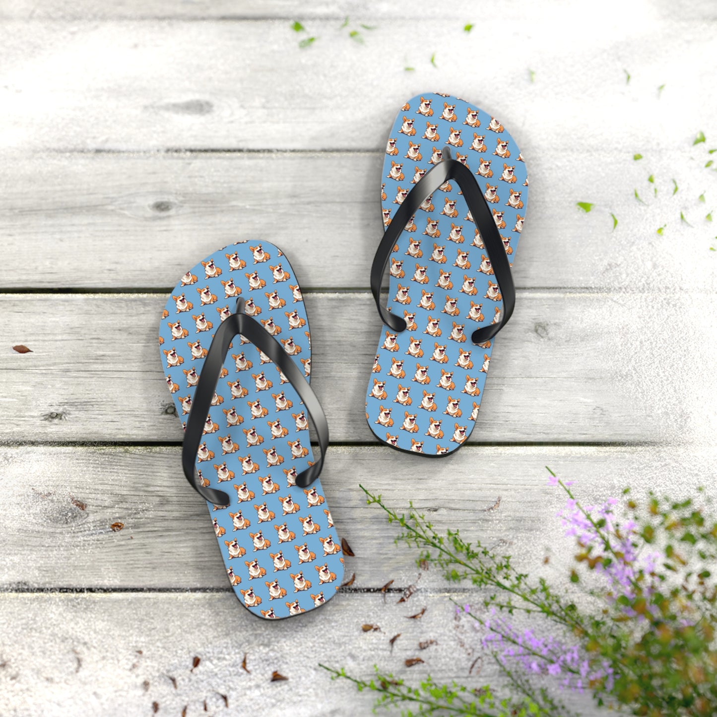 Comical Corgi Pattern Artistic Unisex Flip Flops — Cute & Funny Corgi Themed Sandals on Carolina Blue