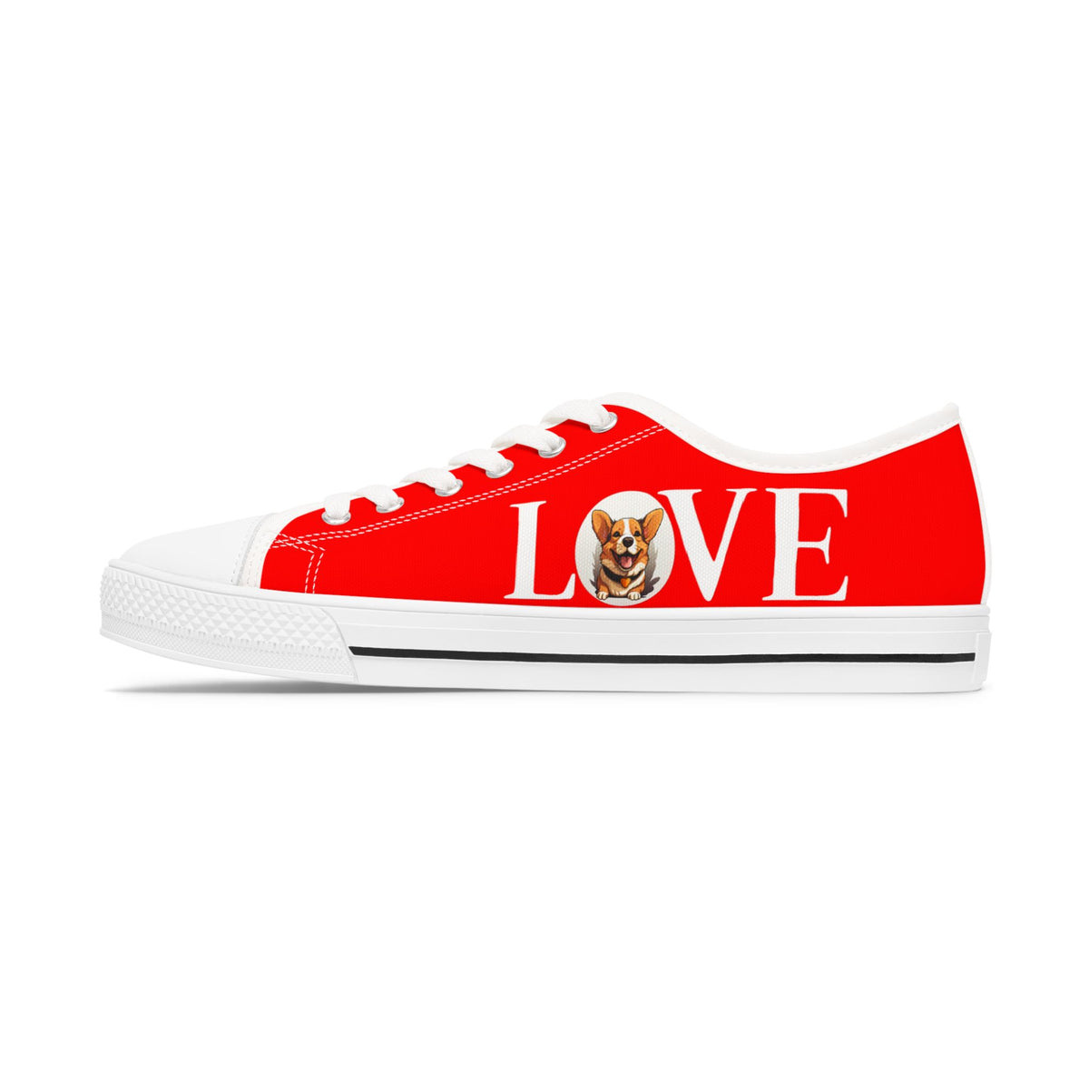 LOVE Corgi Women's Low Top Casual Sneakers on Red Canvas