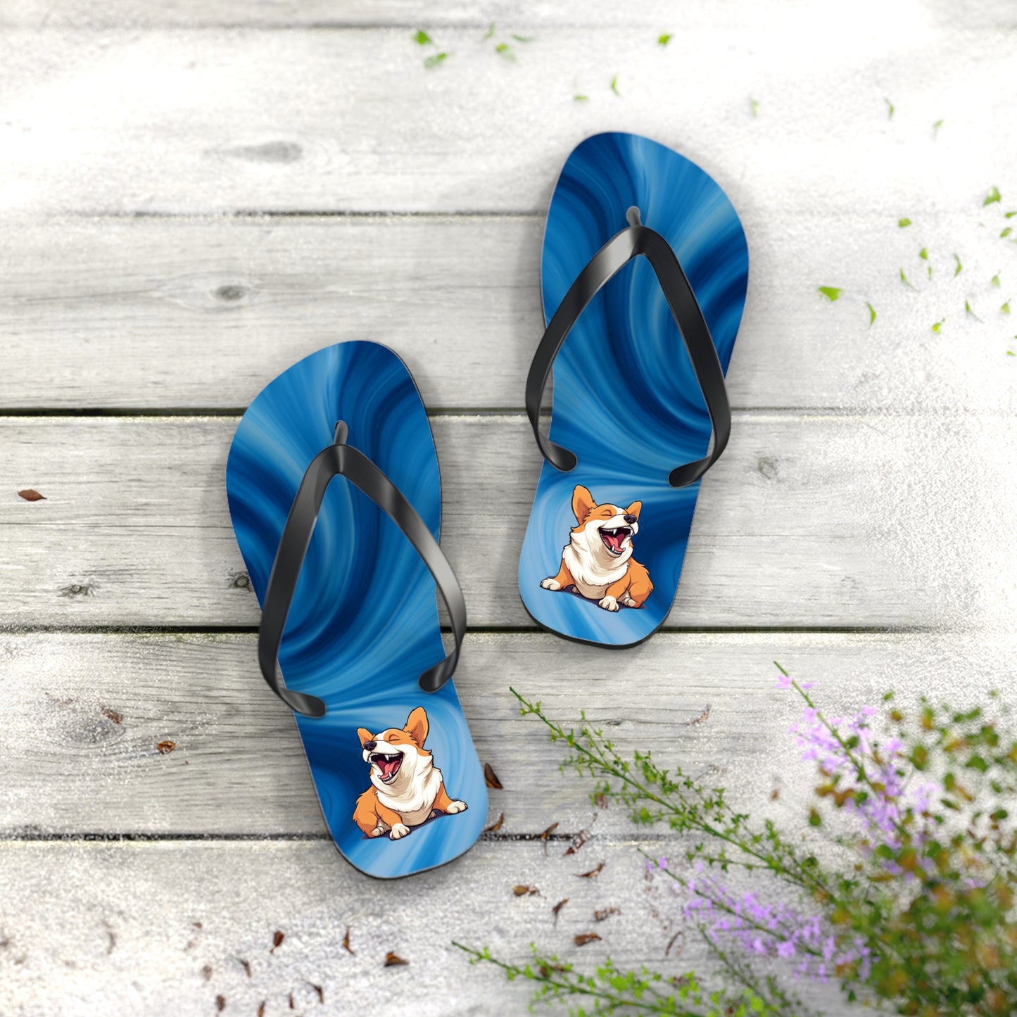 Comical Corgi Custom Artistic Animated Unisex Flip Flops – Funny Corgi Graphic Sandals