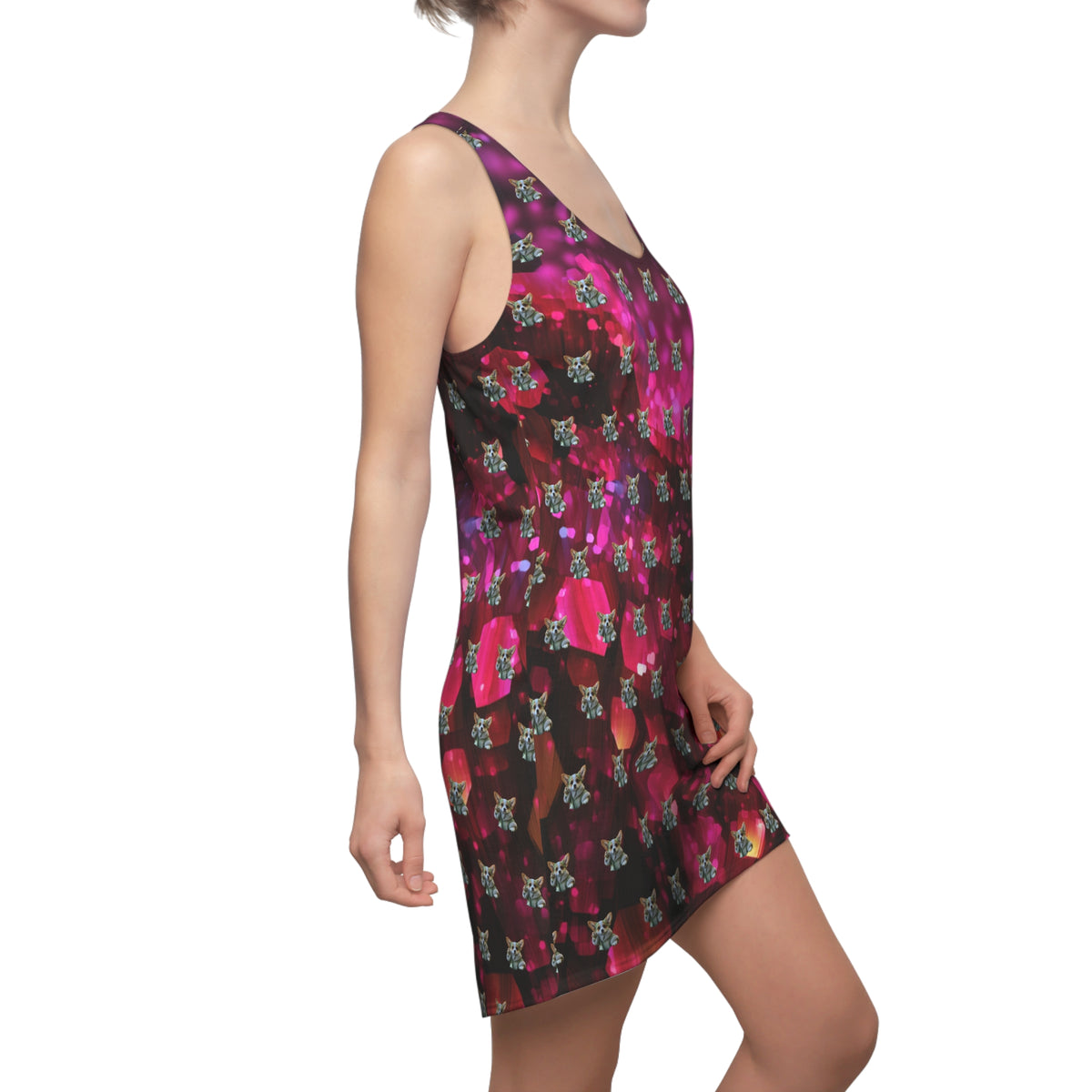 Baby Corgi Star Warrior Racerback Sundress - Black Red & Purple Galaxy Glitter Casual Dress