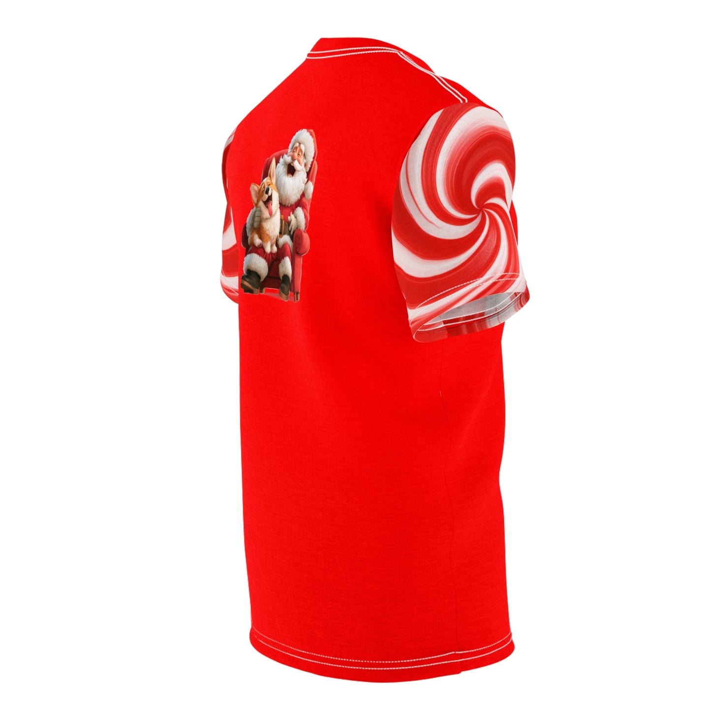 Christmas Corgi Sitting on Santa's Lap Unisex Bold Fashion Tee — Red Holiday Short-Sleeve Shirt