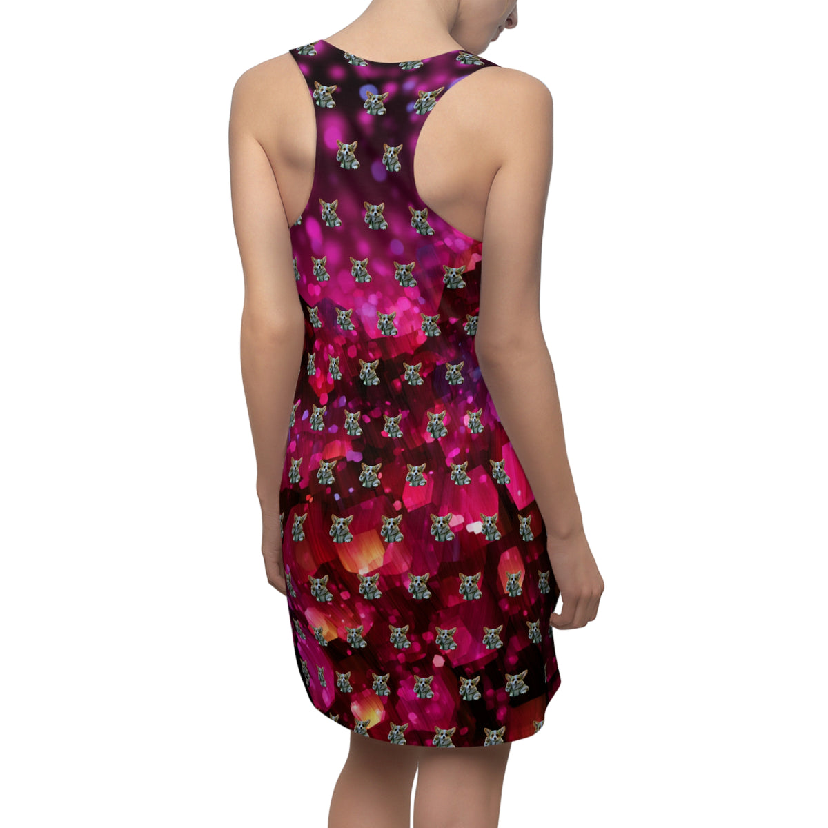 Baby Corgi Star Warrior Racerback Sundress - Black Red & Purple Galaxy Glitter Casual Dress