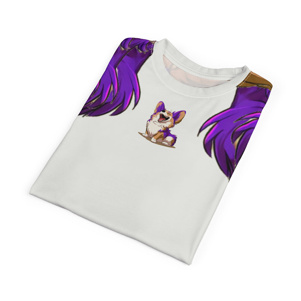 Purple Patch Unisex Bold Designer Tee — Carefree Corgi on Marzipan White with Very Violet Fur-Effect Sleeves & Shoulders