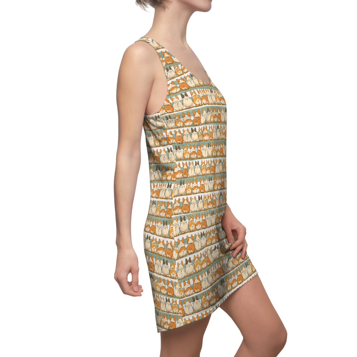 Bottom Line Racerback Sundress - Sage Green Striped Corgi Backsides Casual Dress