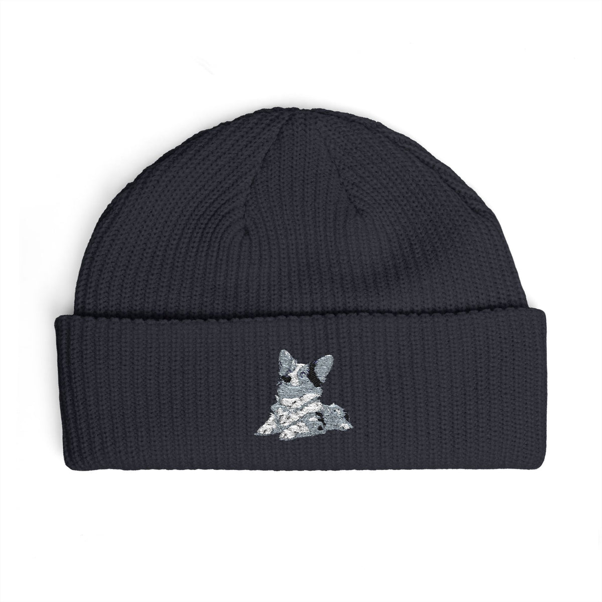 Blue Merle Majesty Cuffed Synthetic Wool Beanie — Designer Corgi Headwear in Monarch Navy or Phantom Black