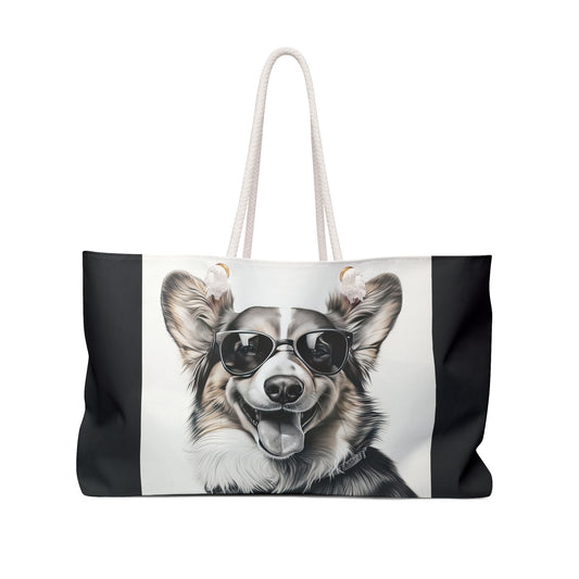Corgi Cool Artistic Illustration Weekender Beach Bag – Black & White Corgi Travel Tote