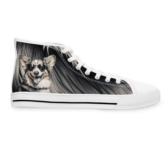 Corgi Cool Portrait in Shades Women's High Top Casual Black & White Canvas Sneakers