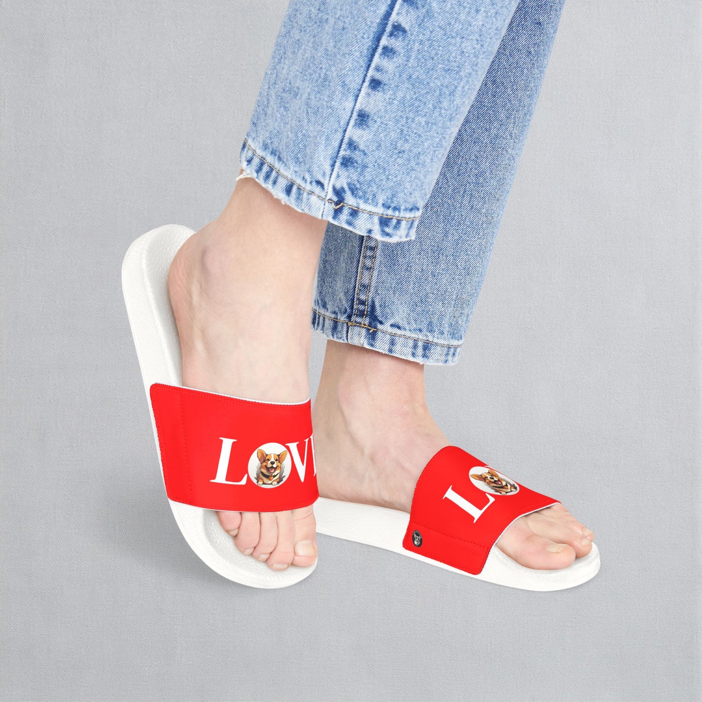 Love More Corgi Women's Red & White Slide Sandals - Casual Pool & Beach Slides