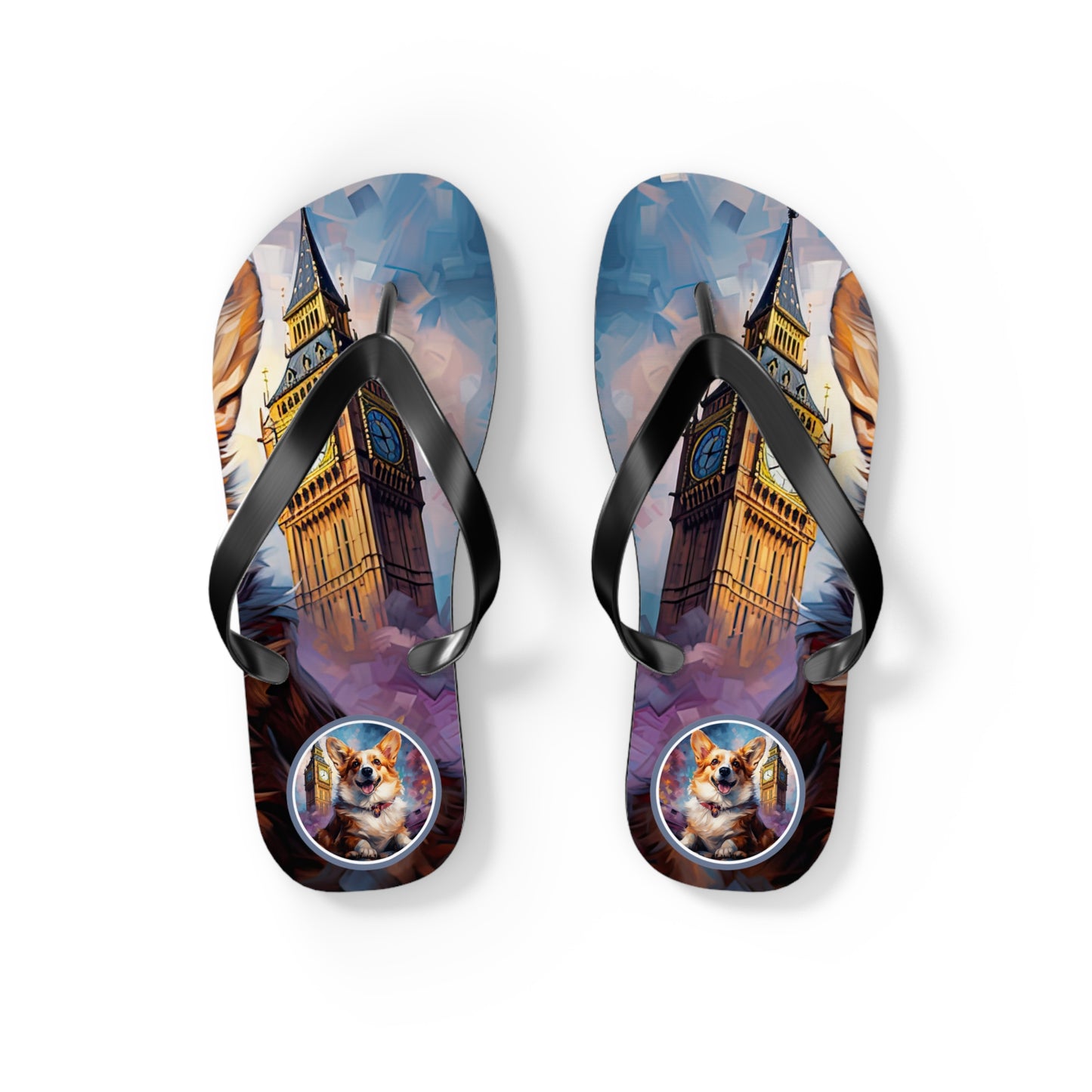 Corgi & Big Ben Artistic Unisex Flip Flops — London Themed Corgi Sandals