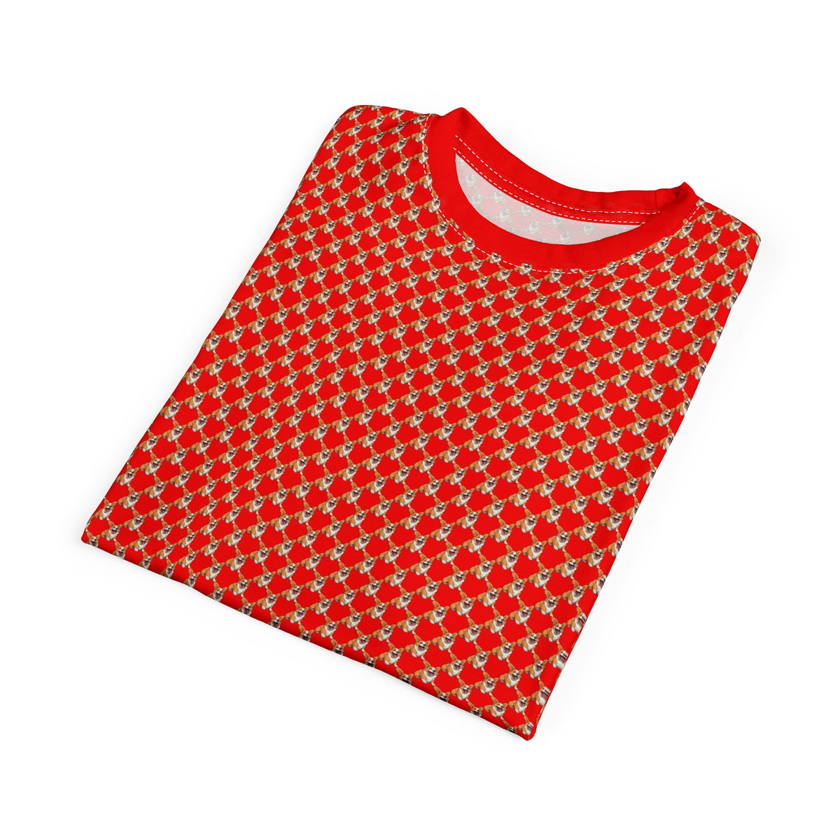 Goodness Gracious Geometric Unisex Bold Designer Tee - Jolly Corgi Repeater Motif Beyond Belief on Rad-Red