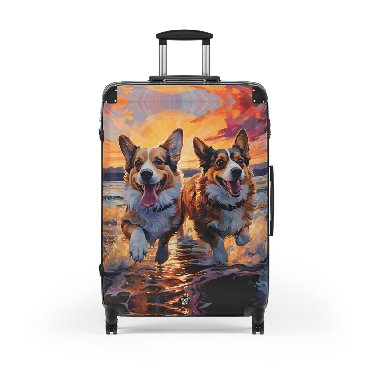 Beach Buds Corgi Sunset Suitcases — Corgis Running in the Waves Luggage