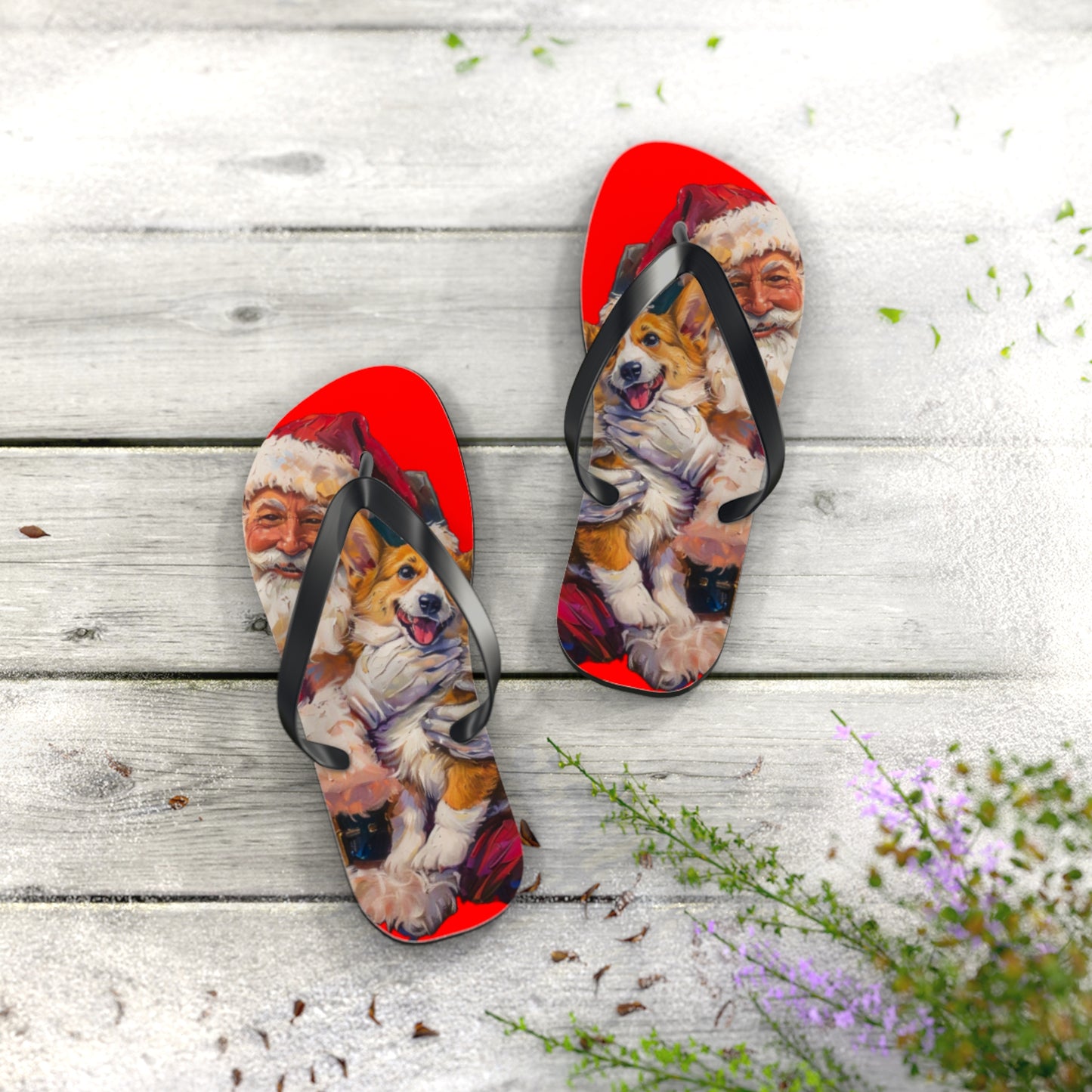Christmas Corgi on Santa's Lap Custom Artistic Unisex Flip Flops – Festive Holiday Sandals