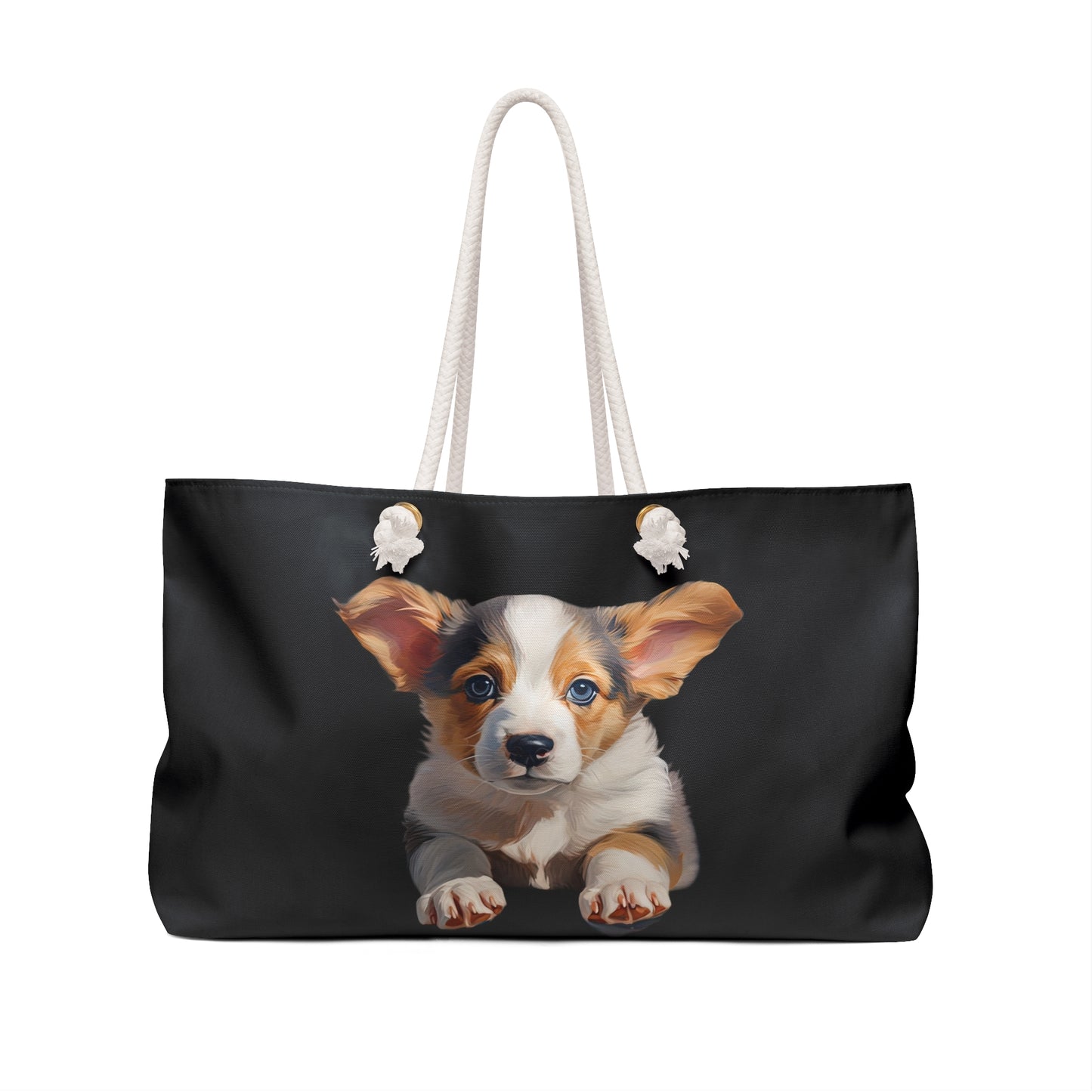 Puppy Dog Eyes Corgi Weekender Beach Bag – Cute Corgi Puppy Black Travel Tote