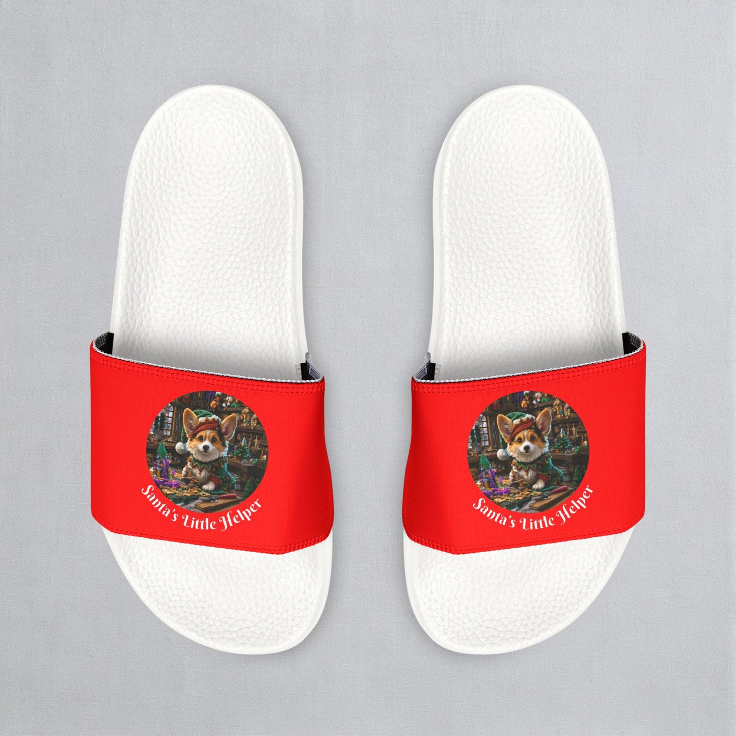 Santa's Little Helper Holiday Corgi Elf Men's Slide Sandals - Casual Pool & Beach Slides
