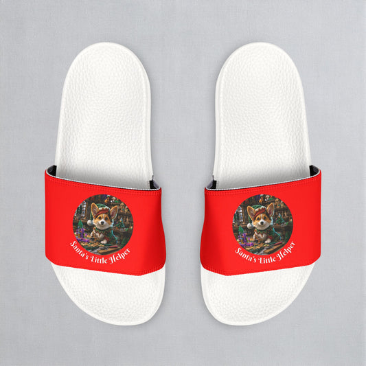 Santa's Little Helper Holiday Corgi Elf Men's Slide Sandals - Casual Pool & Beach Slides