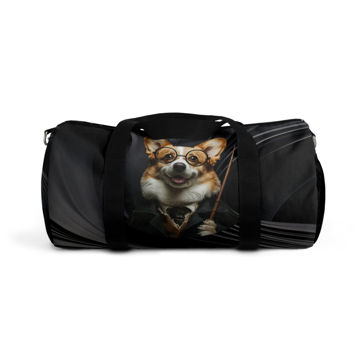 Corgi Potter Magic Wand Duffel Bag - Wizard Theme Swirling Black Corgi Travel Gym Bag