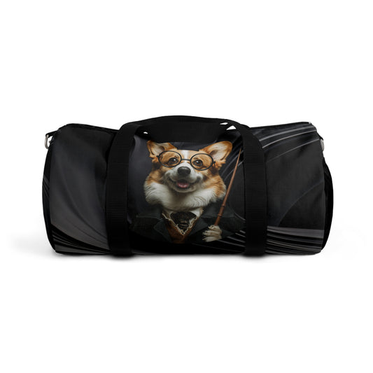 Corgi Potter Magic Wand Duffel Bag - Wizard Theme Swirling Black Corgi Travel Gym Bag