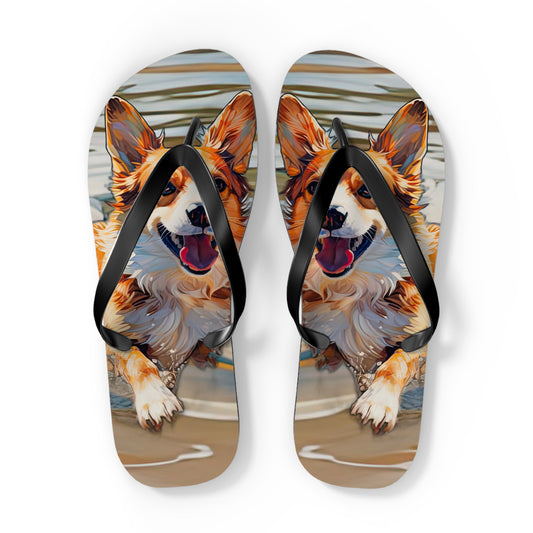 Coastal Corgi Custom Artistic Unisex Flip Flops – Cool Dog Beach Theme Sandals