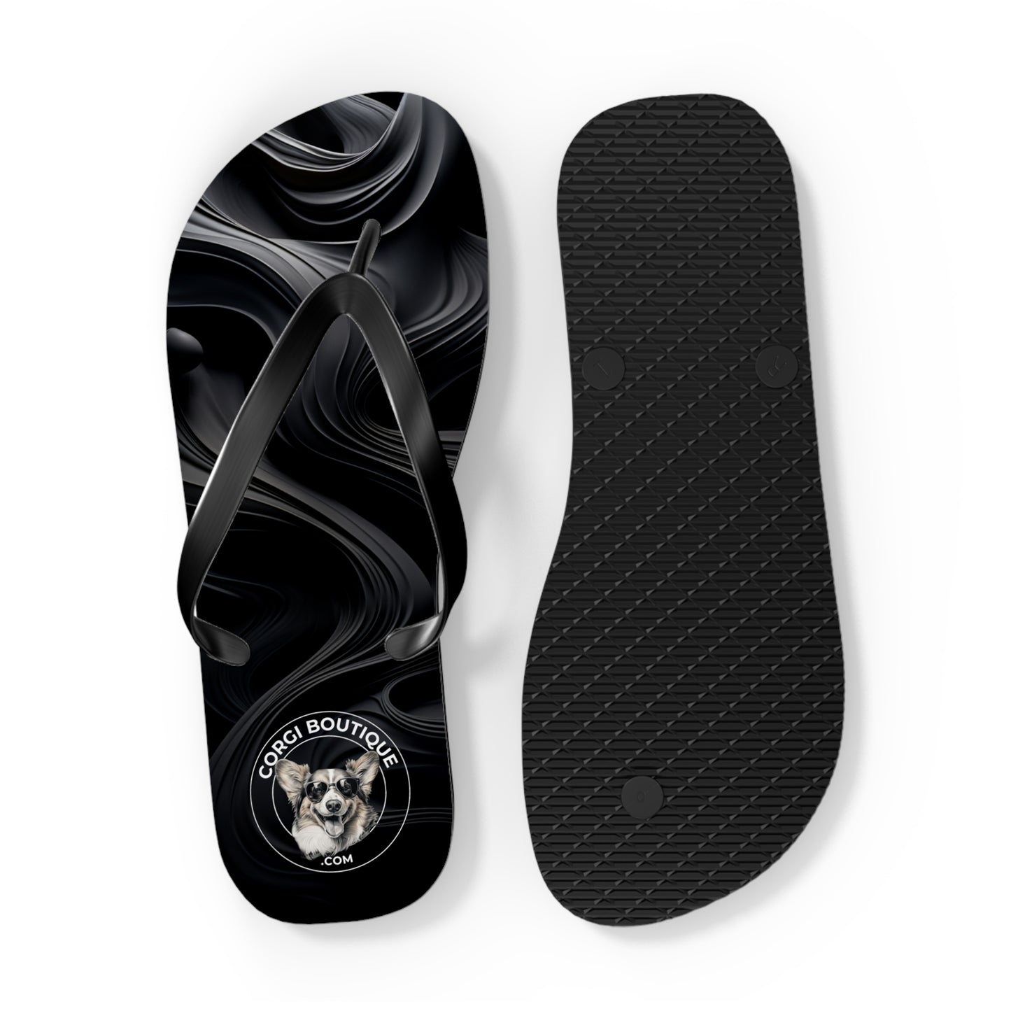 Corgi Boutique Black Swirl Flip Flops with our Custom Logo — Stylish Beach & Pool Sandals