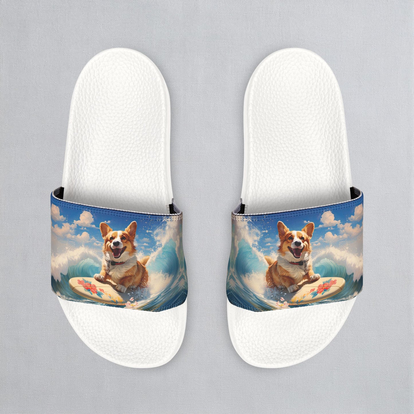 Cowabunga Corgi Big Blue Ocean Wave Women's Slide Sandals - Casual Pool & Beach Slides