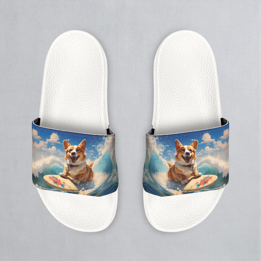 Cowabunga Corgi Big Blue Ocean Wave Women's Slide Sandals - Casual Pool & Beach Slides