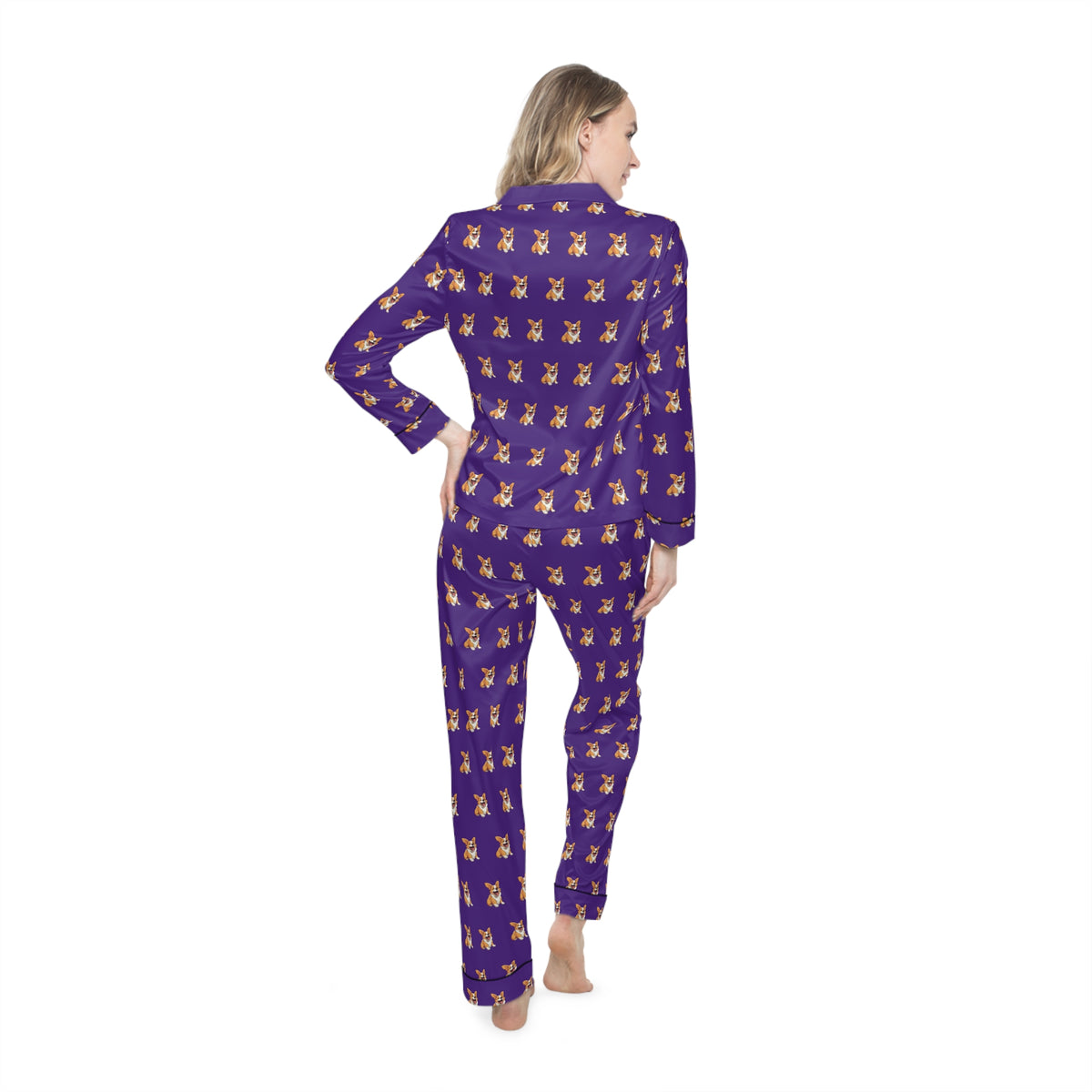 Jolly Jiggling Animated Corgi Purple Silky Pajamas