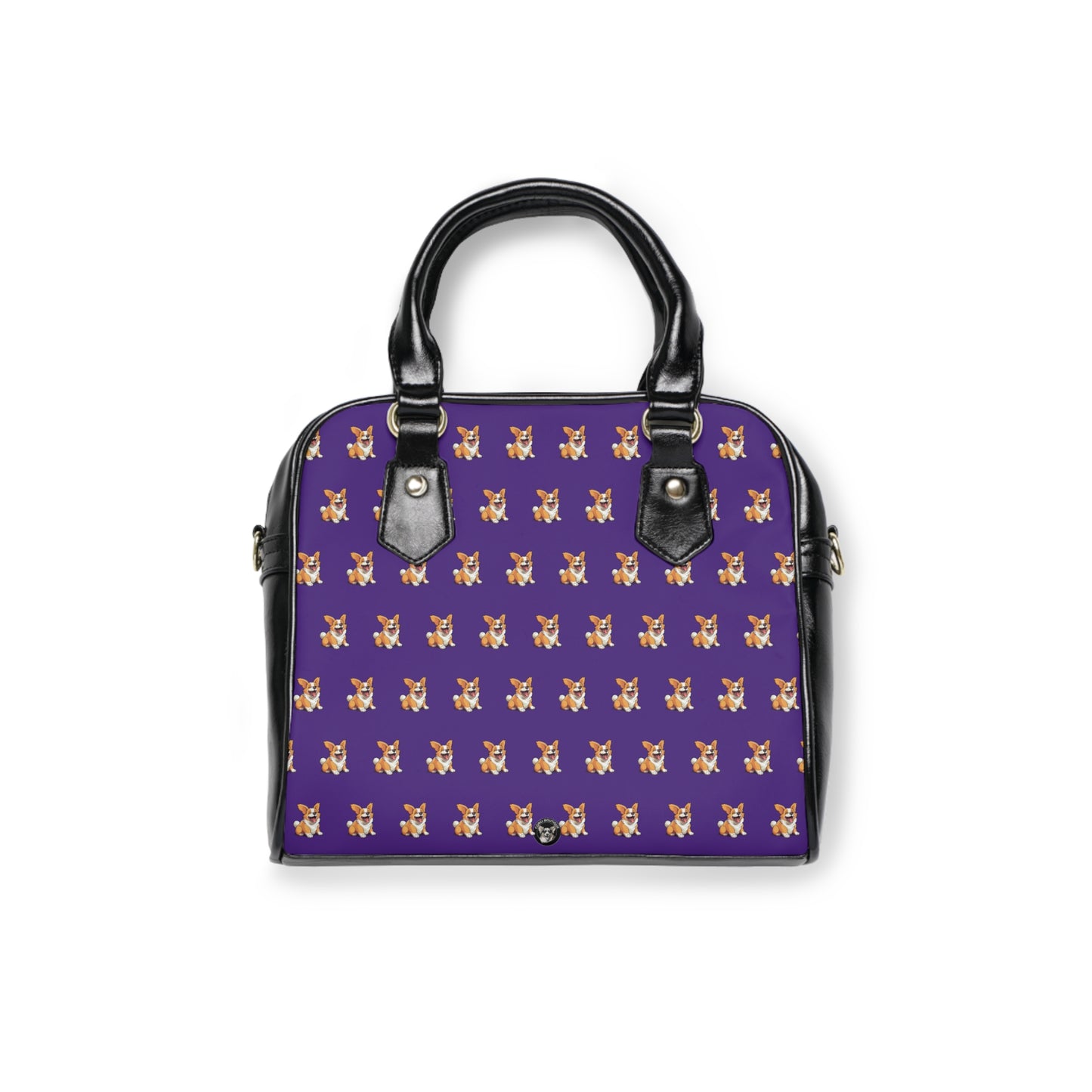 Jolly Jiggling Corgi Illustrated Mosaic Pattern Purple & Black Shoulder Handbag