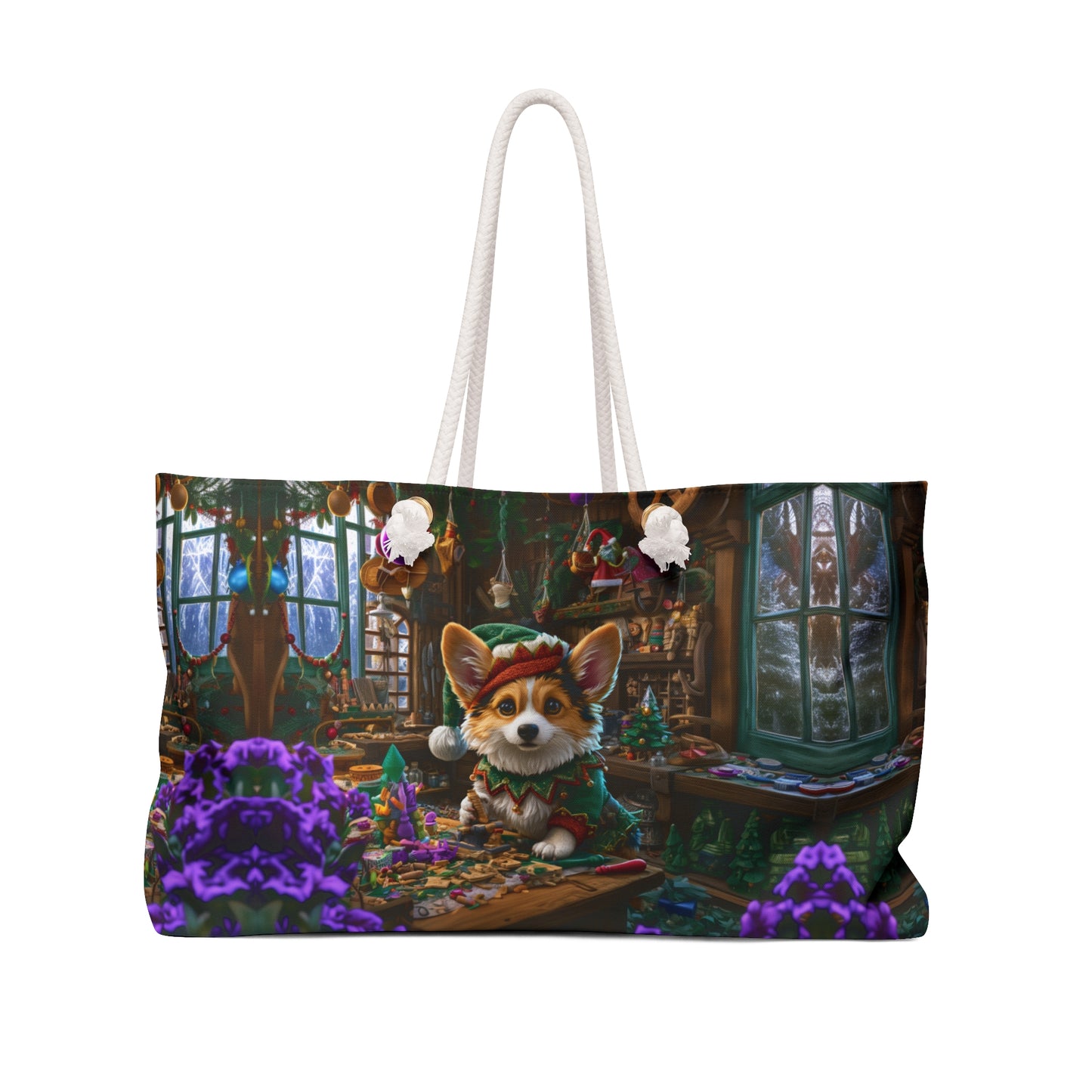 Santa's Little Helper Weekender Beach Bag – Christmas Themed Corgi Elf Travel Tote