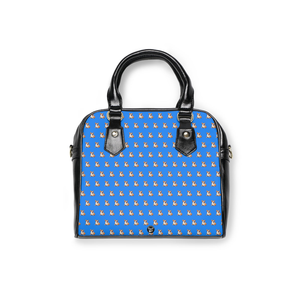Comical Corgi All Smiles Repeater Pattern Blue & Black Shoulder Handbag