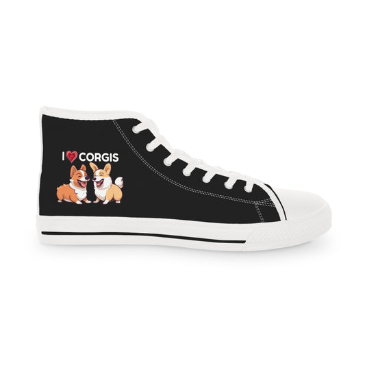 I Heart Corgis Men's High Top Casual Black Canvas Sneakers with Two Corgi Best Buds