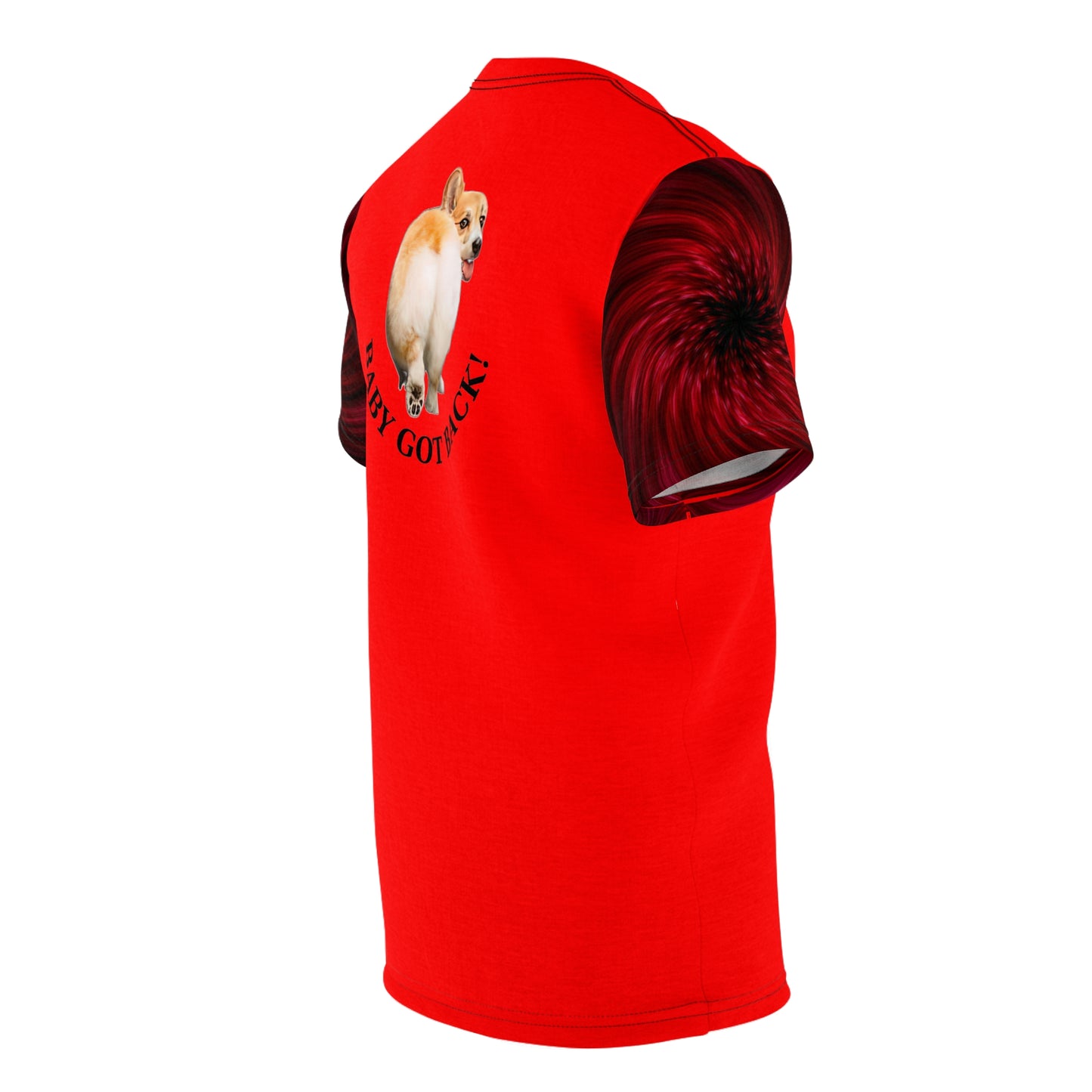 Baby Got Back Corgi Mid-Wiggle Bold Fashion Tee — Red with Black Swirling Sleeves