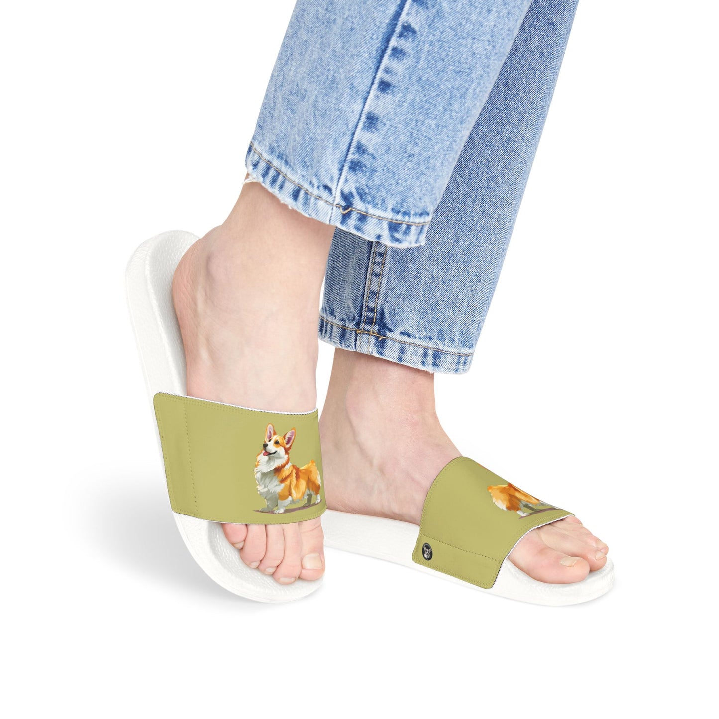 Classic Queen's Corgi Artistic Illustration Women's Khaki Slide Sandals - Casual Pool & Beach Slides