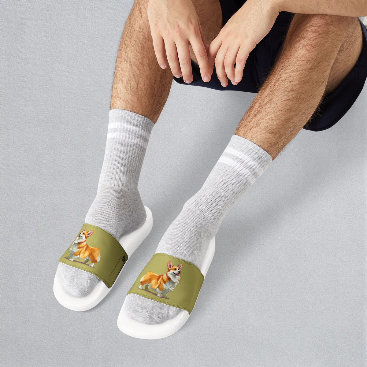 The Queen's Corgi Companion Men's Khaki Slide Sandals - Casual Pool & Beach Slides